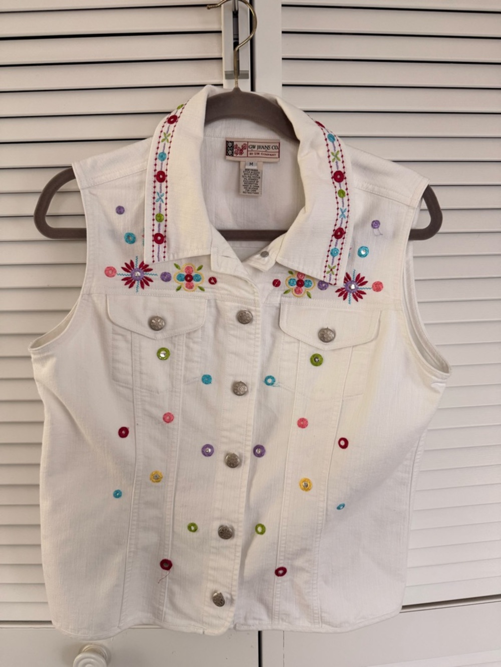 White Embroidered Sleeveless Denim Vest with Multicolor Accents